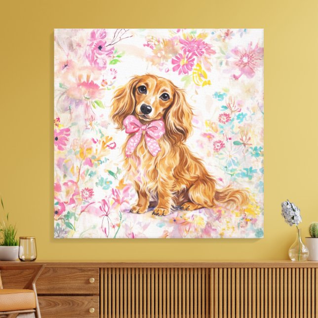Toile Aquarelle Dachshund aux longs poils Fleurs pastel (Insitu(Salon))