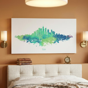 Toile Aquarelle de la skyline de Chicago Bleu Vert Art d
