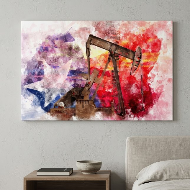 Toile Aquarelle de pompe texane avec art du drapeau du T (Texas Pumpjack Watercolor with Texas Flag Art. Canvas Print)