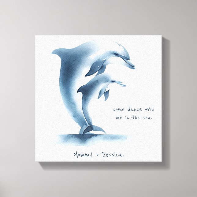 Toile Aquarelle Dolphin Mère Bébé Calf Bleu Nursery (Recto)