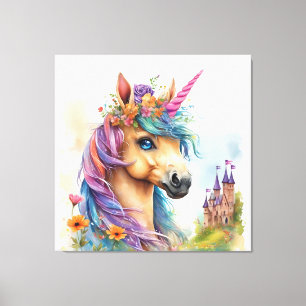 Toile Aquarelle Dreamy Unicorn avec Château et Fleurs