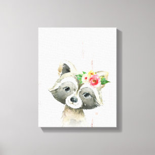 Toile Aquarelle Floral Baby Raccoon Bois Animaux