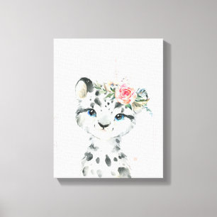 Toile Aquarelle Floral Baby Snow Leopard