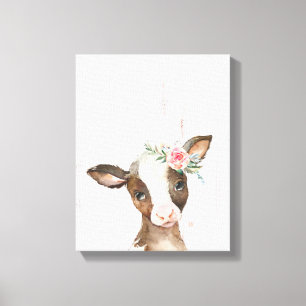 Toile Aquarelle Floral Vache Brown, Bébé Animaux Art