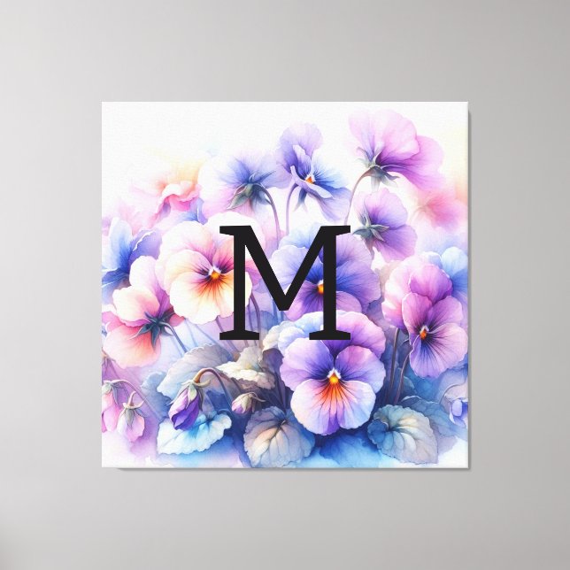 Toile Aquarelle florale monogramme rose pourpre panses (Recto)
