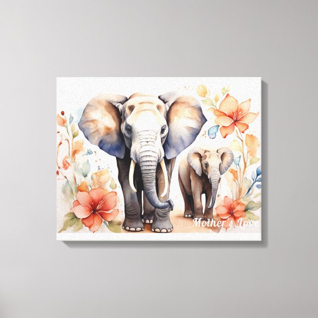 Toile Aquarelle florale unique mère et enfant éléphant (Recto)