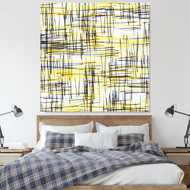 Toile Aquarelle 'Gris Jaune noir Scribbles' Abstraite (Insitu(Chambre))
