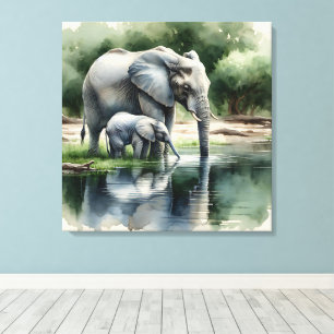 Toile Aquarelle Illustration de maman et bébé éléphant