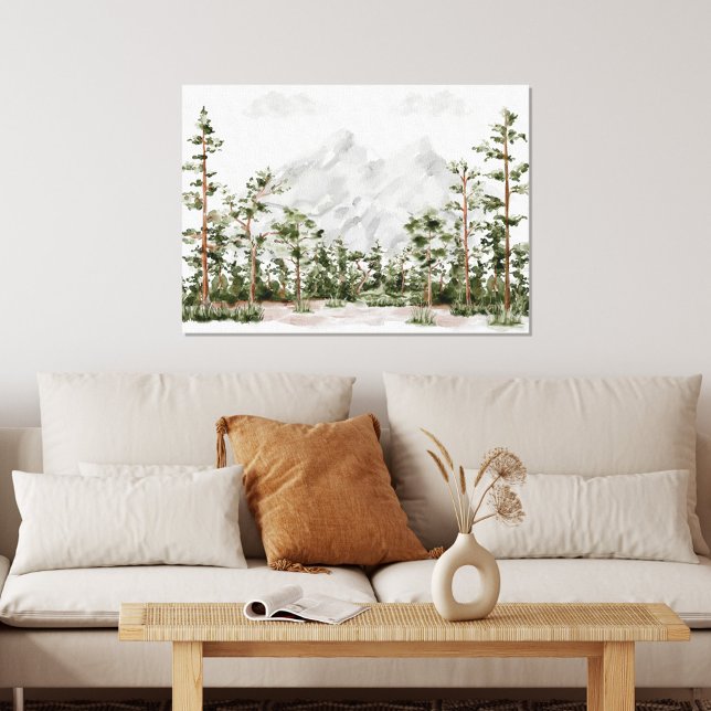 Toile Aquarelle Montagne et forêt (In situ living room)