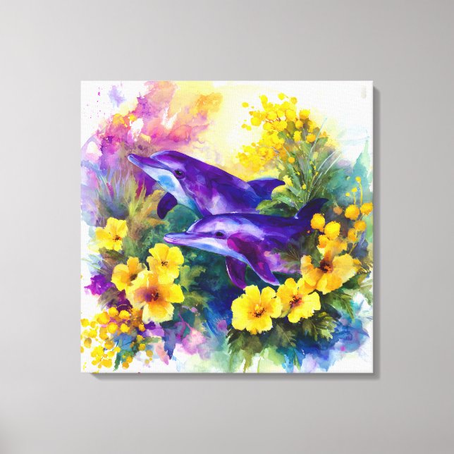 Toile Aquarelle Océan Dauphins Fleurs Tropicales (Recto)