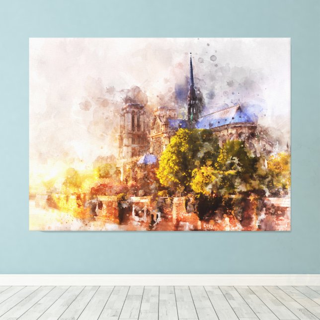 Toile Aquarelle Peinture Cathédrale Notre-Dame Lever du  (Insitu (Plancher de Bois))