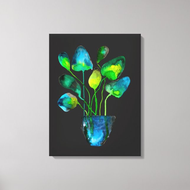 Toile Aquarelle plante art vert et bleu abstrait (Recto)