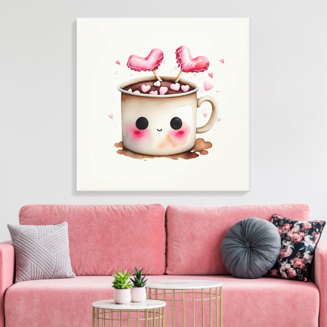 Toile Aquarelle rose et crème mignonne Chocolat chaud Mu (Insitu(Salon))