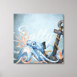 Toile Aquarelle salée Octopus et Ancre Plage nautique