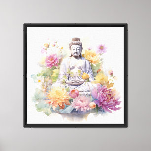 Toile Aquarelle Serene Bouddha rose Fleurs Jaunes Art