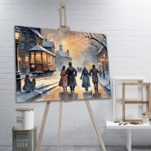 Aquarelle Vintage Victorien Snowy Street