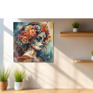 Toile Aquarelle vive Dia de los Muertos Catrina