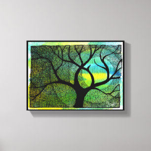 Toile Aquarelles bleues et jaunes d'arbre et de lune -
