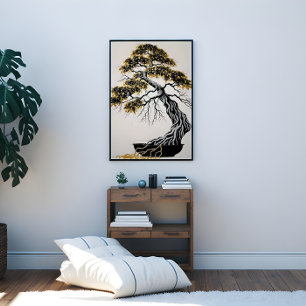 Toile Arbre Bonsai noir et or