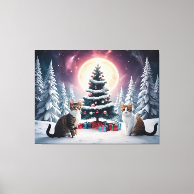 Toile Arbre de Noël couvert de neige avec chats (Recto)