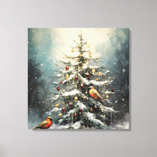 Toile Arbre de Noël hivernal rustique aux oiseaux rouges