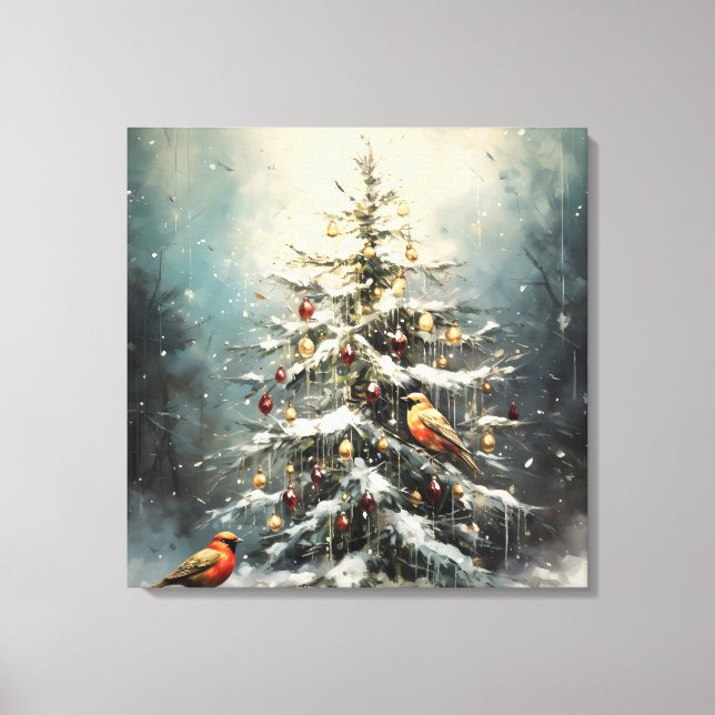Toile Arbre de Noël hivernal rustique aux oiseaux rouges (Recto)