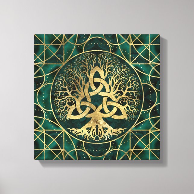 Toile Arbre de vie avec Triquetra Malachite et Or (Recto)