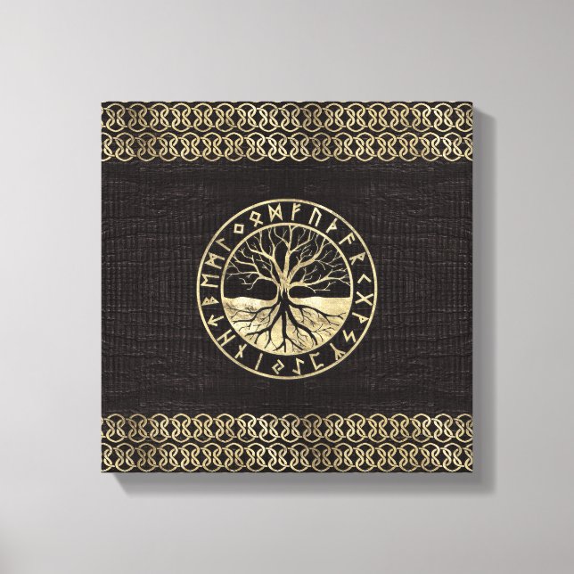 Toile Arbre de vie - Yggdrasil et Runes sur bois (Recto)