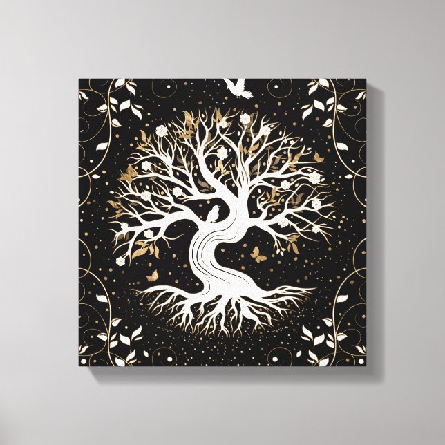 Toile Arbre de vie - Yggdrasil - noir blanc et or (Recto)