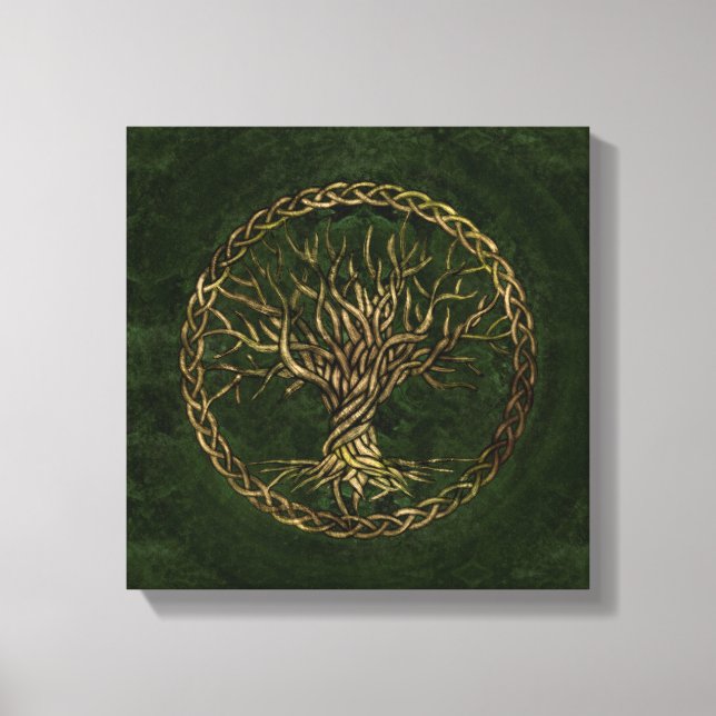 Toile Arbre de vie -Yggdrasil -vert et or (Recto)