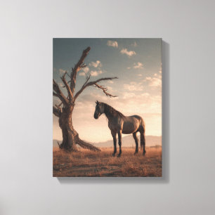 Toile Arbre du désert au cheval solitaire Coucher de sol