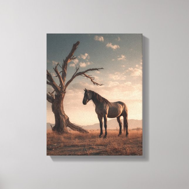 Toile Arbre du désert au cheval solitaire Coucher de sol (Recto)