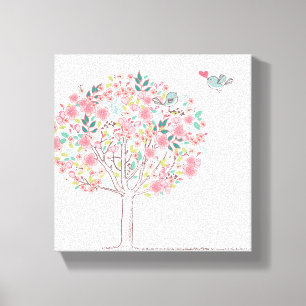 Toile Arbre en fleurs et oiseaux en amour