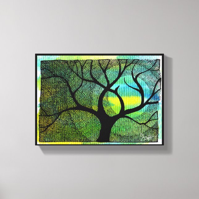 Toile Arbre et Lune - Aquarelles bleu et jaune (Recto)