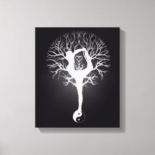 Toile Arbre noir et blanc de yoga avec la femme et le