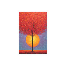 Arbre Rouge Incandescent avec Soleil Doré Abstrait