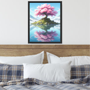 Toile Arbre Sakora dans un lac avec montagne, fleur rose