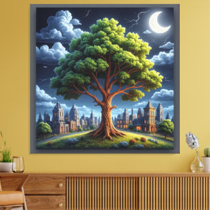 Toile Arbre sous la lumière de la lune dans un cadre urb