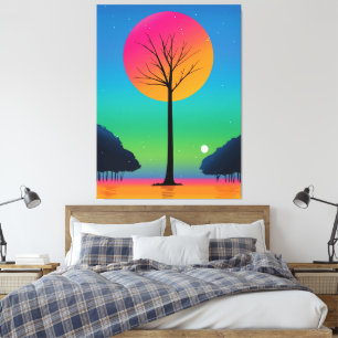 Toile Arbre Vivant Sous un Ciel de Arc-en-Ciel Cosmique