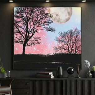 Toile Arbres et Lune de Ciel à l'Aquarelle Rose et Bleu