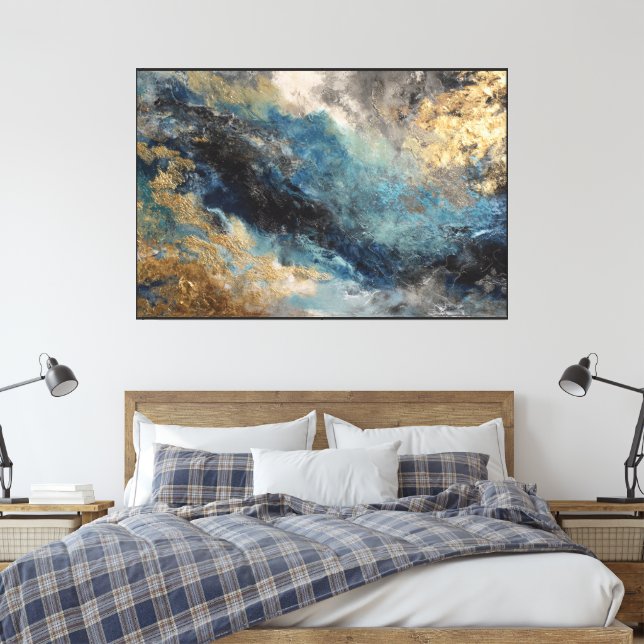 Toile Art abstrait fluide bleu et or  (Insitu(Chambre))