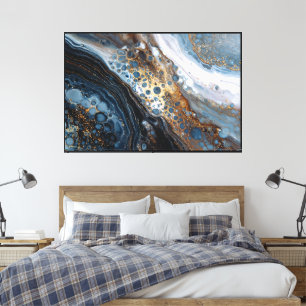 Toile Art abstrait fluide bleu et or tourbillonnant