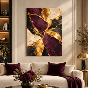 Toile Art abstrait Kintsugi noir or luxe prune
