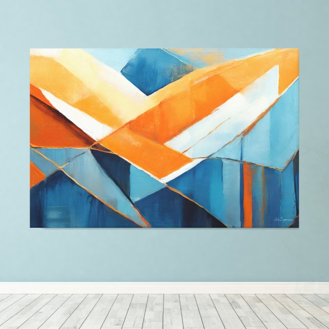 Toile Art abstrait peint en bleu orange  (Insitu (Plancher de Bois))