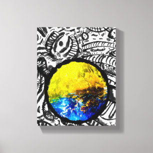 Toile Art de cadre circulaire Fleurs jaunes Voiture bleu
