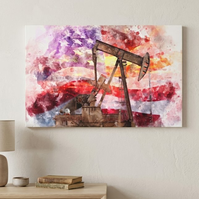 Toile Art de coucher de soleil aquarelle de pompe patrio (Patriotic Pumpjack Watercolor Sunset Art. Canvas Print)