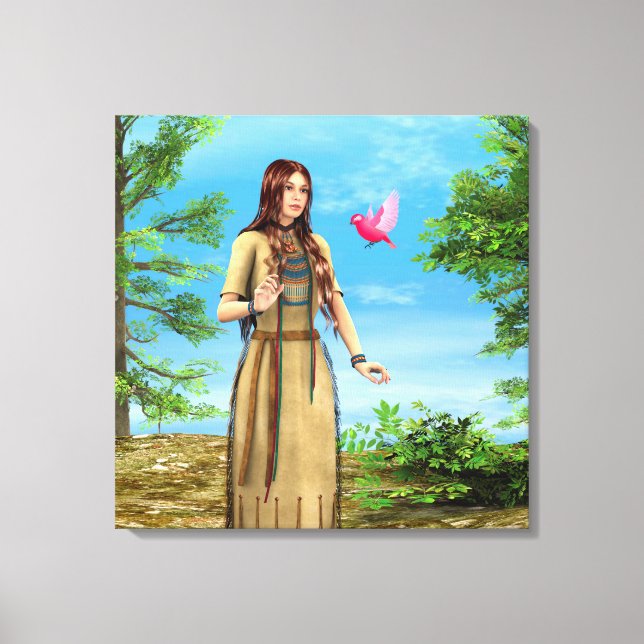 Toile Art de femme amérindienne forêt oiseau (Recto)