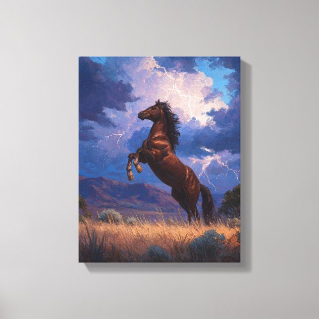 Toile Art de la puissance du cheval cabré sous l'orage (Recto)