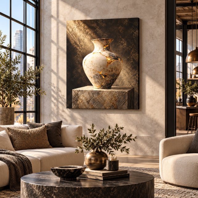 Toile Art de restauration d'or de vase Kintsugi (Luxury Kintsugi vase gallery-wrapped canvas displayed in an elegant sunlit modern loft.)