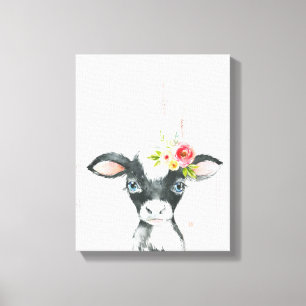 Toile Art de vache noir et blanc floral aquarelle